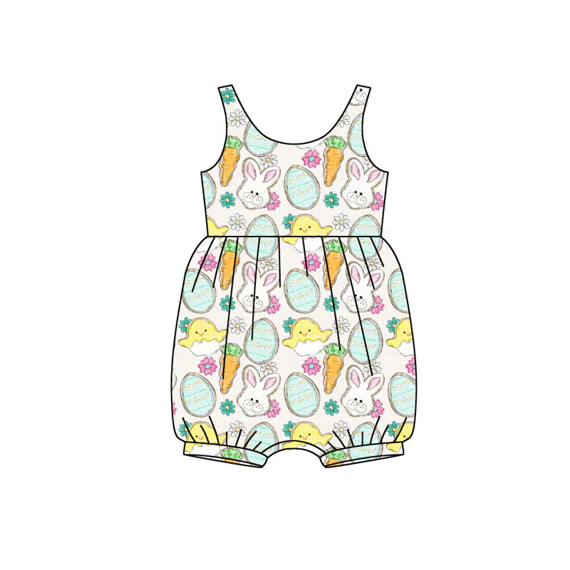 X12.15 Preorder (moq 5)Baby Girls Sleeveless Rabbits Eggs Flowers Easter Ruffle Rompers