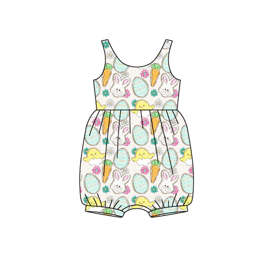 X12.15 Preorder (moq 5)Baby Girls Sleeveless Rabbits Eggs Flowers Easter Ruffle Rompers