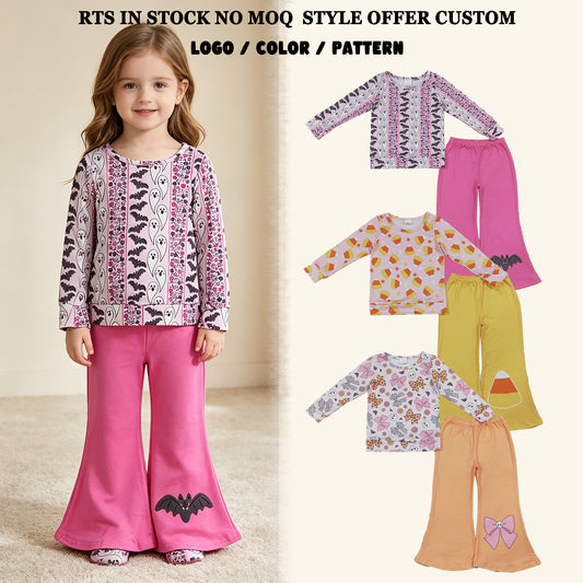 RTS NO MOQ Sibling milk silk Baby Girls Stars Candy Top Flare Pant Halloweens Clothes Sets