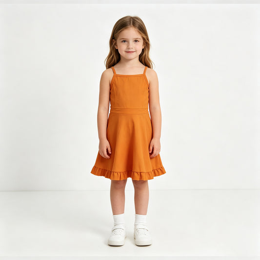 NEW RTS NO MOQ yoga fabric cotton S0780 Yoga Baby Girls Orange Athletic Sleeveless Knee Length Active Dress