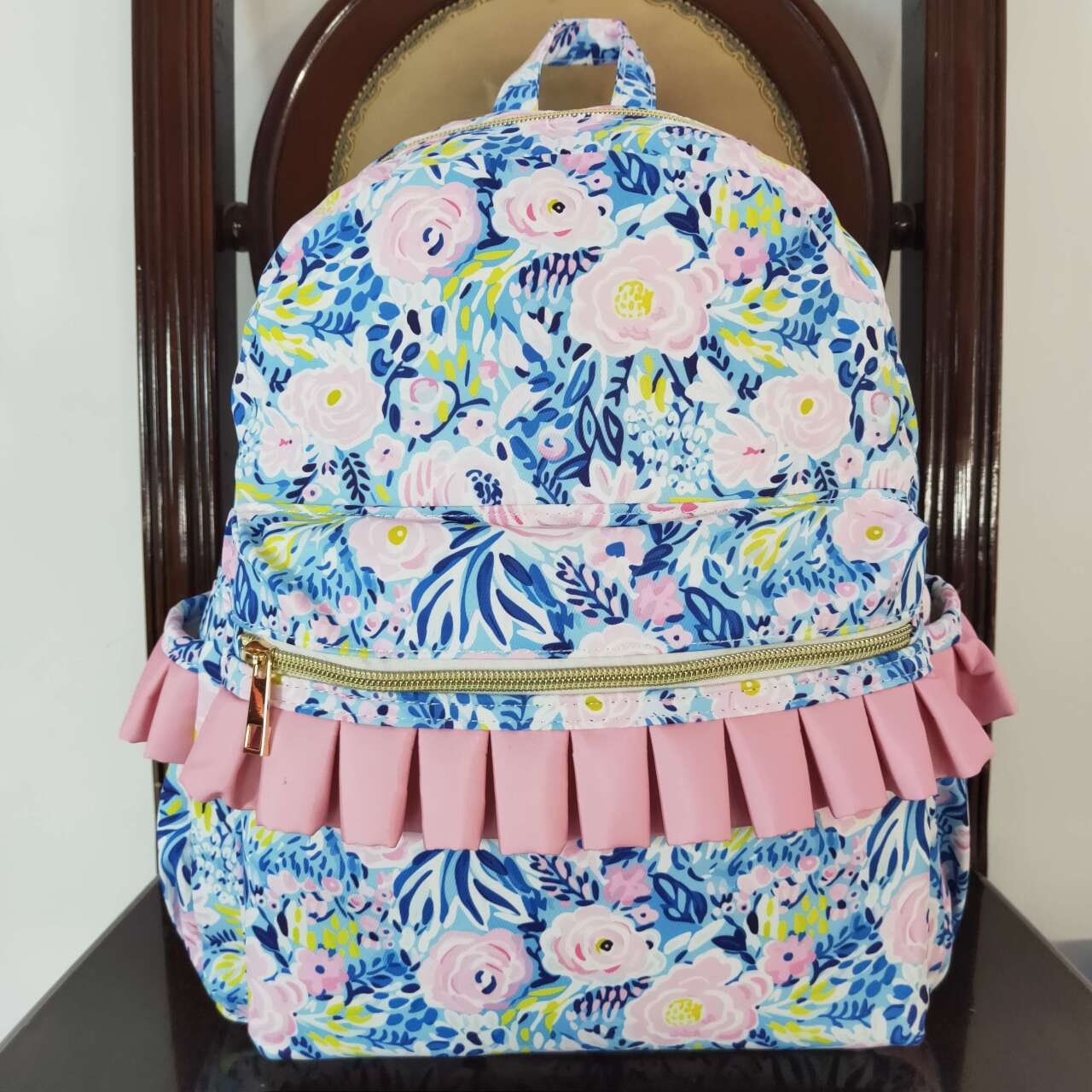 BA0175 Flower rose pink lace blue backpack