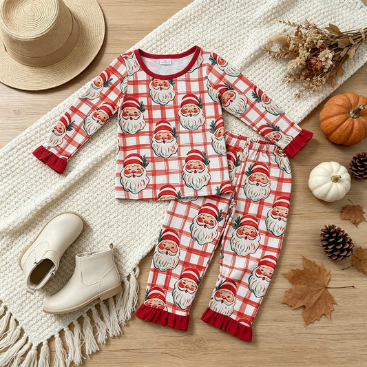 NEW RTS NO MOQ milk silk GLP3542 Baby Girls Red Checked Santa Top Ruffle Pants Christmas Pajamas Set