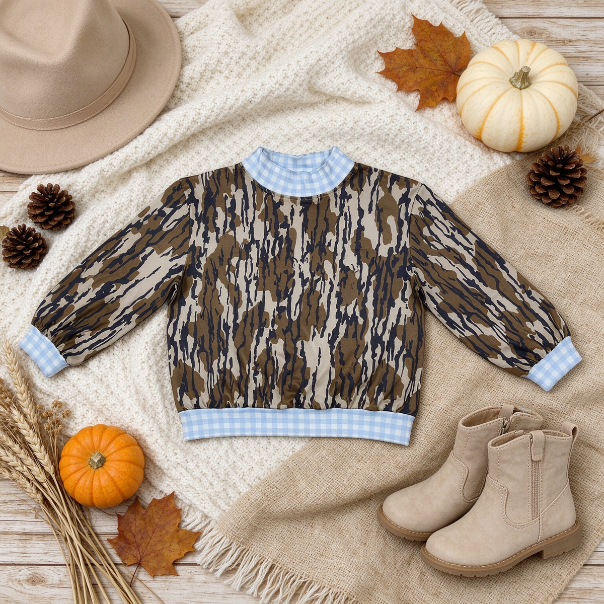 NEW RTS NO MOQ milk silk BT1910 High Neck Baby Girls Long Sleeve Camo T‑shirts Casual Top