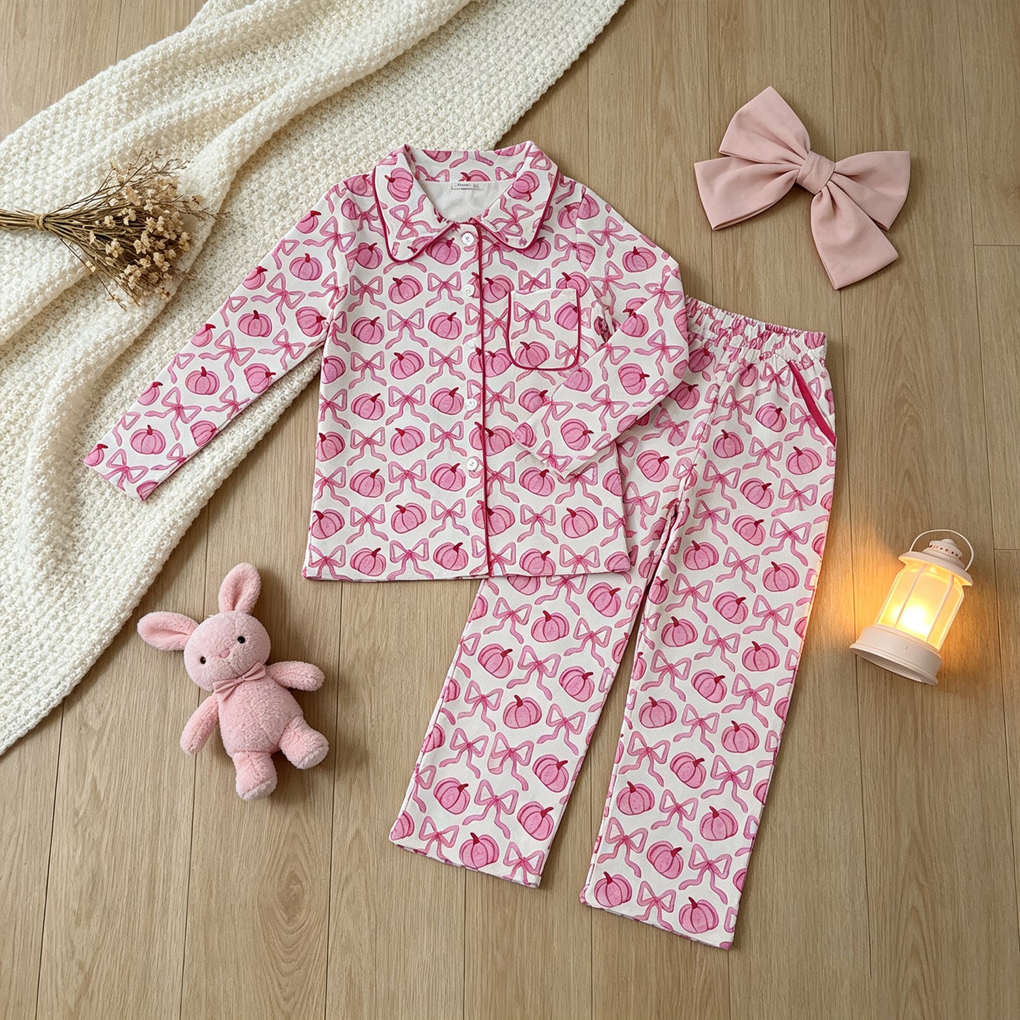 NEW RTS NO MOQ milk silk GLP3423 Adult Women Bows Pumpkins Button Top Pockets Pant Fall Pajamas Sets