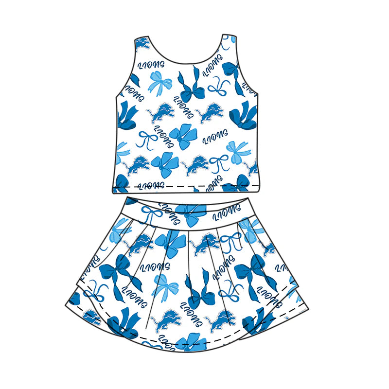 6.30Preorder (moq 5)Baby Girls Sleeveless Blue Bows Plaid Lions Top Skorts Team Set