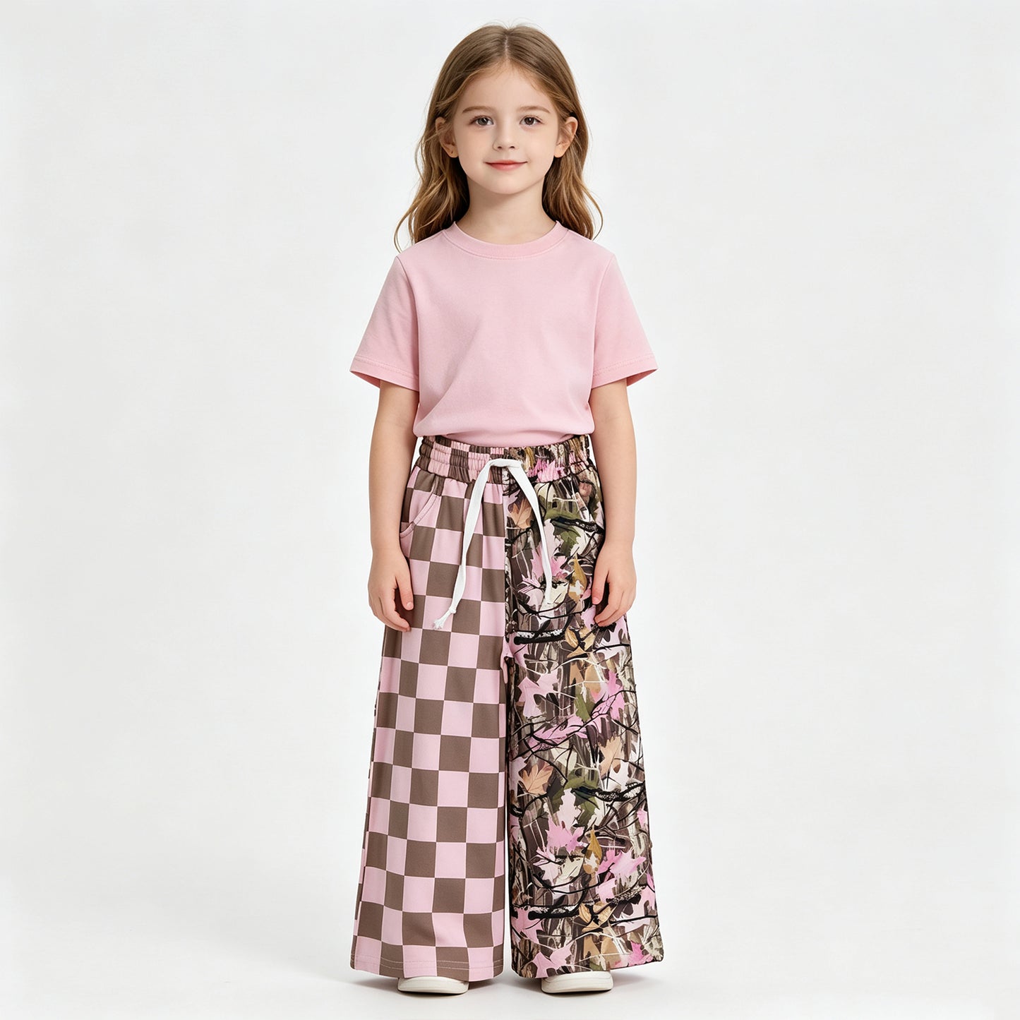 NEW RTS NO MOQ milk silk P1093 Baby Girls Pink Checked Leaves Pockets Flare Pants Bottom