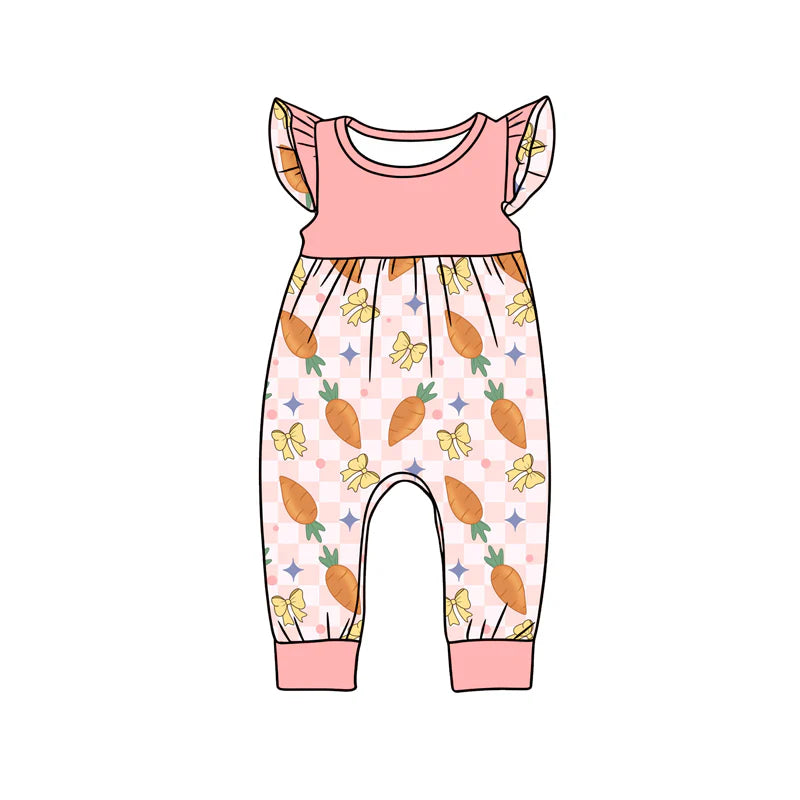 X12.16 Preorder (moq 5)Baby Girls Flutter Sleeve Peach Checked Carrots Bows Easter Footie Rompers