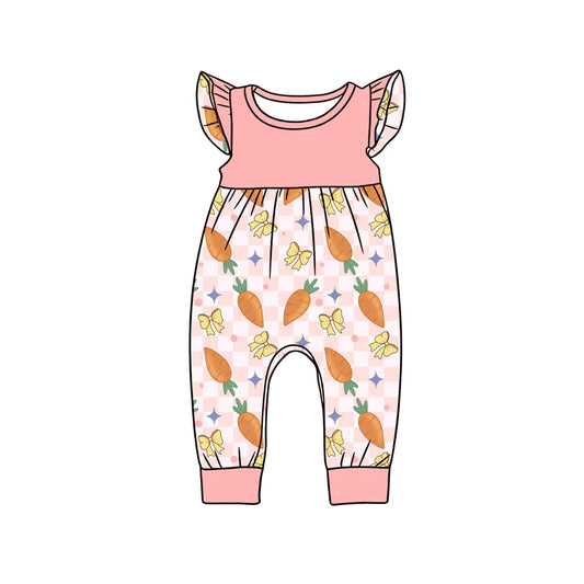 X12.16 Preorder (moq 5)Baby Girls Flutter Sleeve Peach Checked Carrots Bows Easter Footie Rompers
