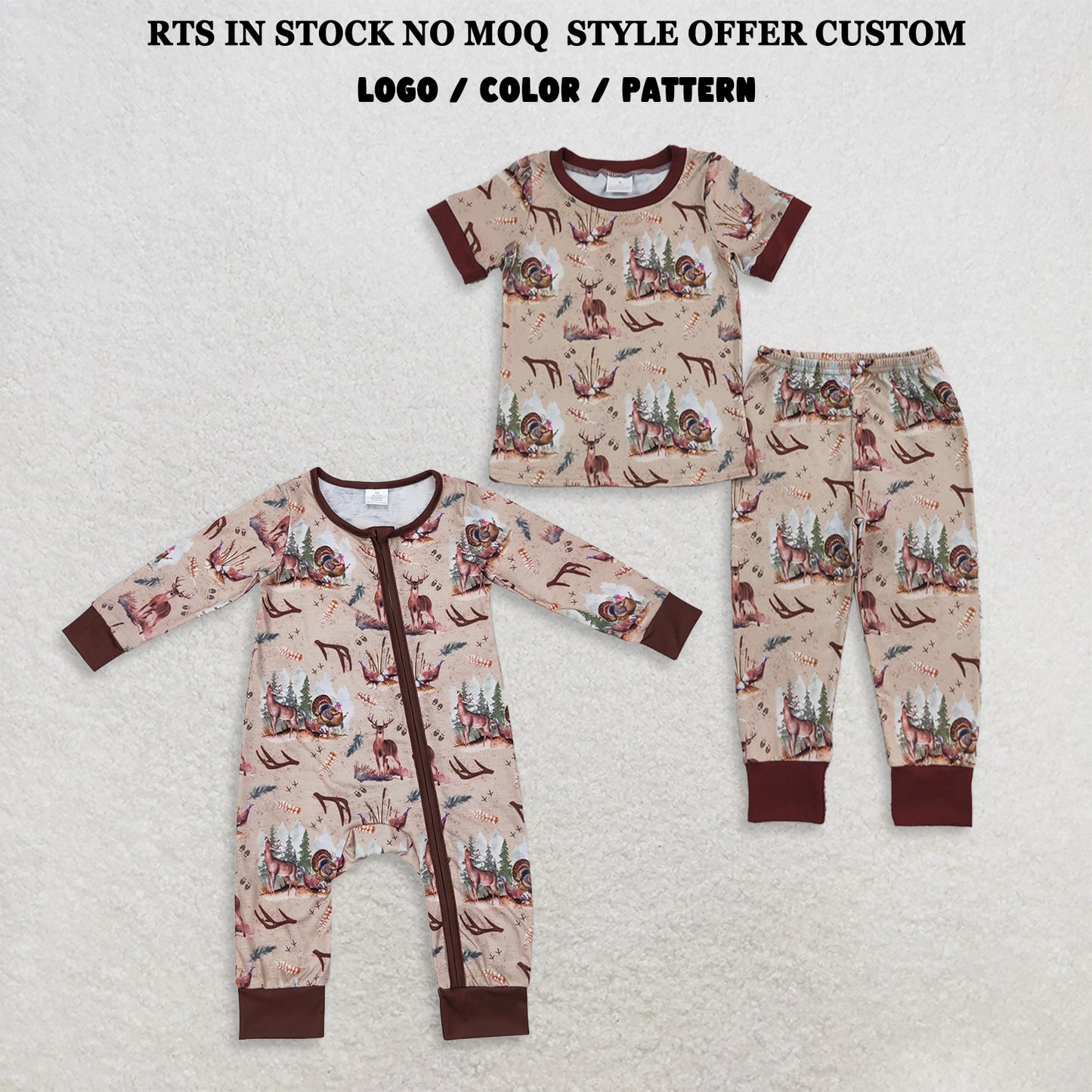RTS NO MOQ Sibling milk silk Baby Infant Boys Fall Deers Hunting Turkey Bamboo Zip Rompers Set