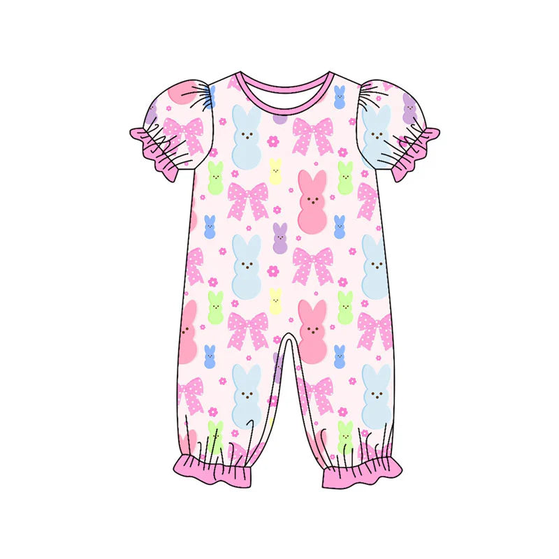 X923Preorder (moq 5)Baby Girls Colorful Flowers Rabbits Easter Ruffle Footie Rompers