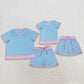 3.31 Sibling Adult Women Blue Short Sleeve Top Skirt Shorts Cotton Clothes Set