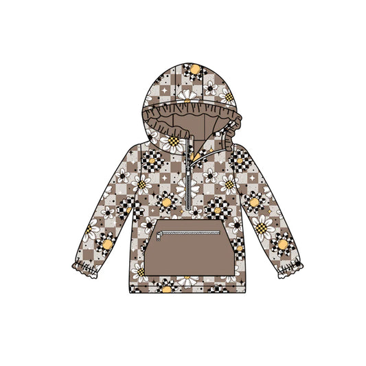 8.1preorder(moq 5) Baby Girls Long Sleeves Khaki Flowers Plaid Pocket Zipper Hoodies Top