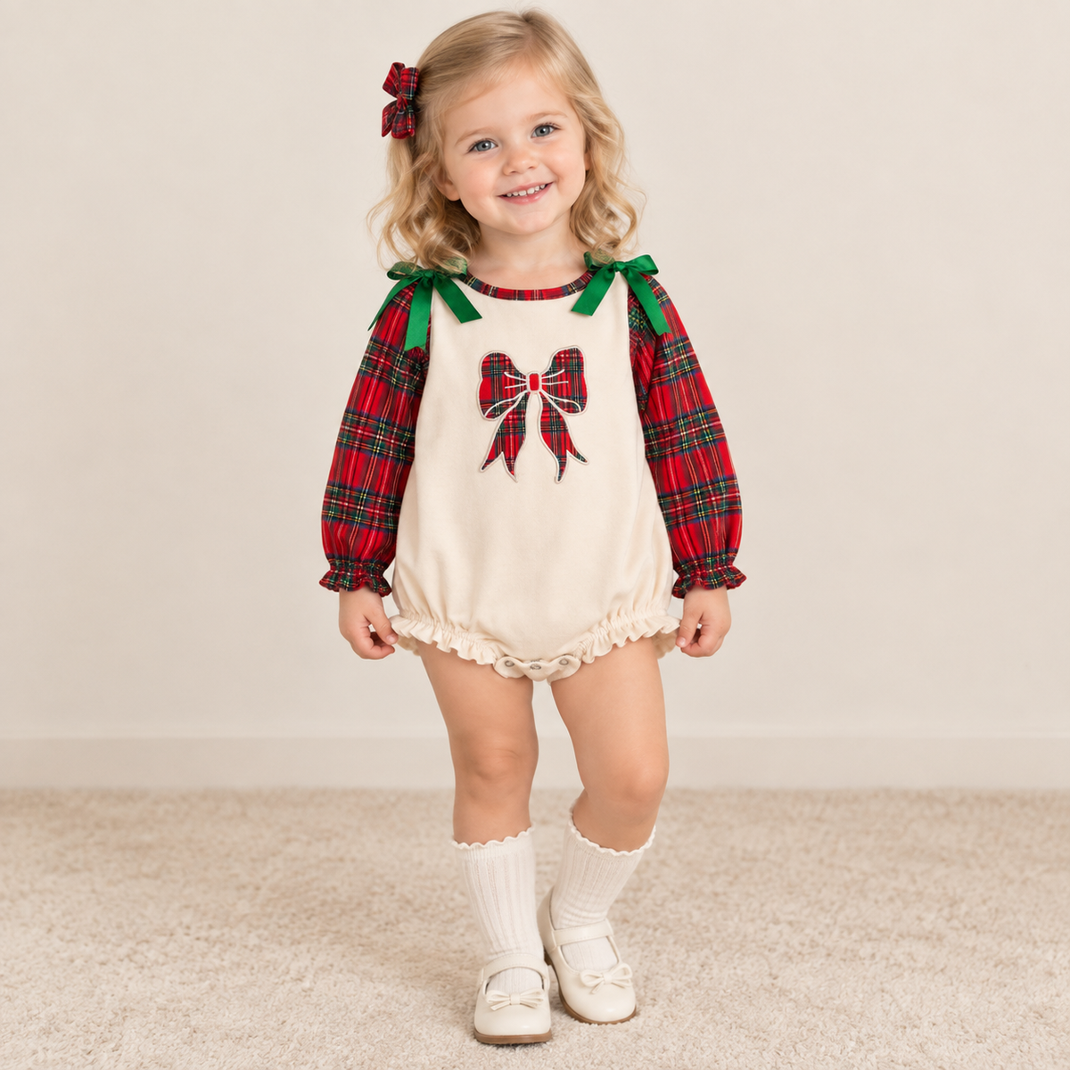 NEW RTS NO MOQ milk silk LR3163 Embroidery Checked Bows Baby Girls Red Green Christmas Ruffle Rompers