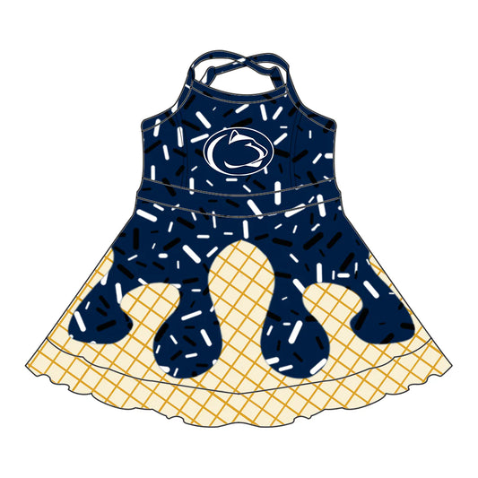 7.2Preorder (moq 5)Baby Girls Strap Navy Cheetah Drip Shorts Ruffle Team Knee Length Dresses）