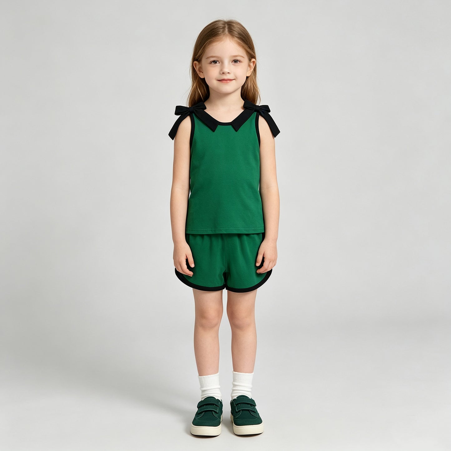 NEW RTS NO MOQ cotton GSSO3825 Baby Girls Green Black Bows Sleeveless Top Short Clothes Sets