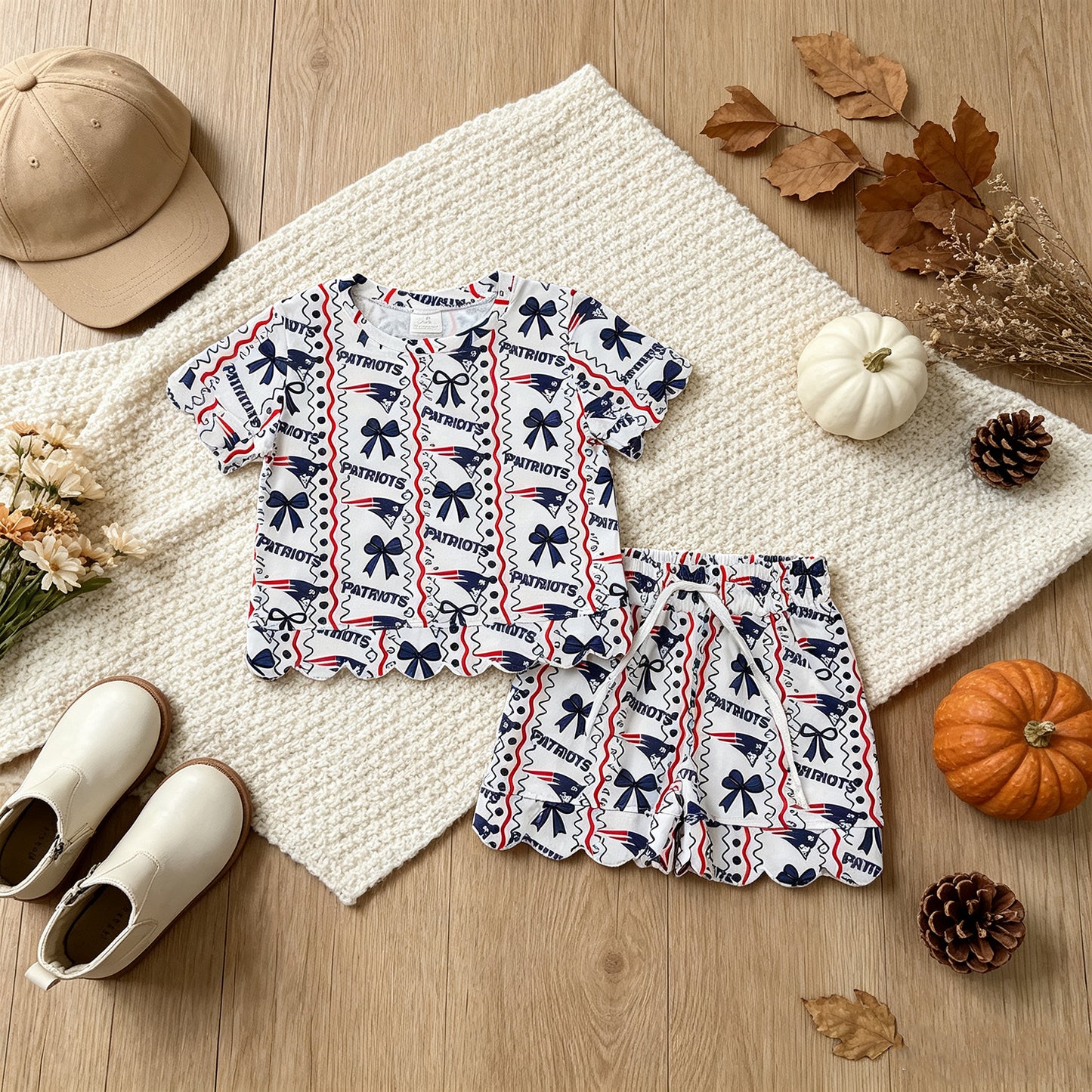 NEW RTS NO MOQ milk silk GSSO3854 Baby Girls Patriots Bows Stripe Top Pockets Short Team Scallop Clothes Sets