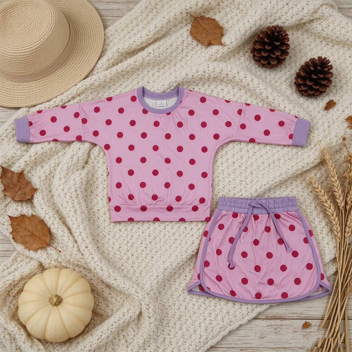 NEW RTS NO MOQ milk silk GLD1763 Baby Girls Pink Lavender Polka Dots Long Sleeve Top Skirt Short Clothes Set
