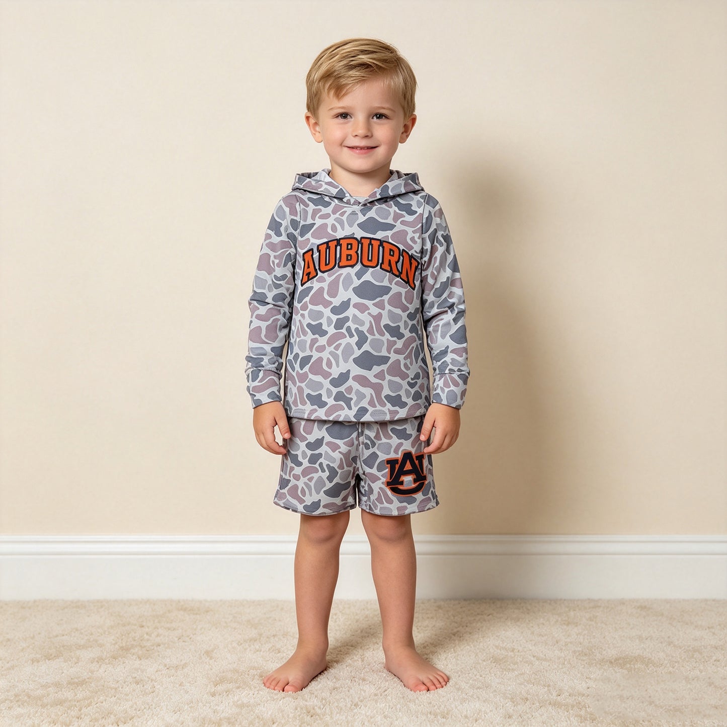 NEW RTS NO MOQ milk silk BLS0041 Baby Boys Light Grey Camo Auburn Long Sleeve Hoodie Pockets Short Team Clothes Set