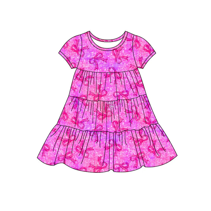 X11.20Preorder(moq 5) Baby Girls Hot Pink Bows Patchwork Ruffle Knee Length Dresses