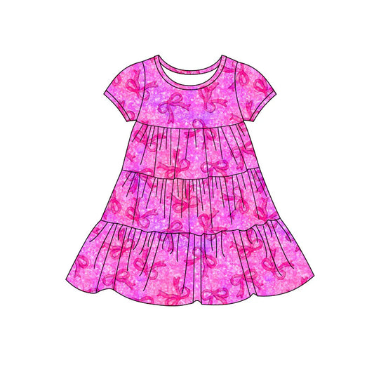 X11.20Preorder(moq 5) Baby Girls Hot Pink Bows Patchwork Ruffle Knee Length Dresses