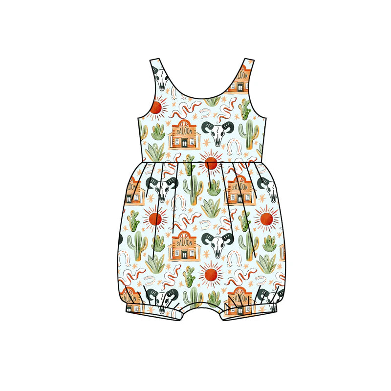X12.15 Preorder (moq 5)Baby Girls Sleeveless Cactus Bull Skulls Western Ruffle Rompers