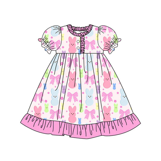 X923Preorder (moq 5)Baby Girls Colorful Flowers Rabbits Easter Button Ruffle Knee Length Dress