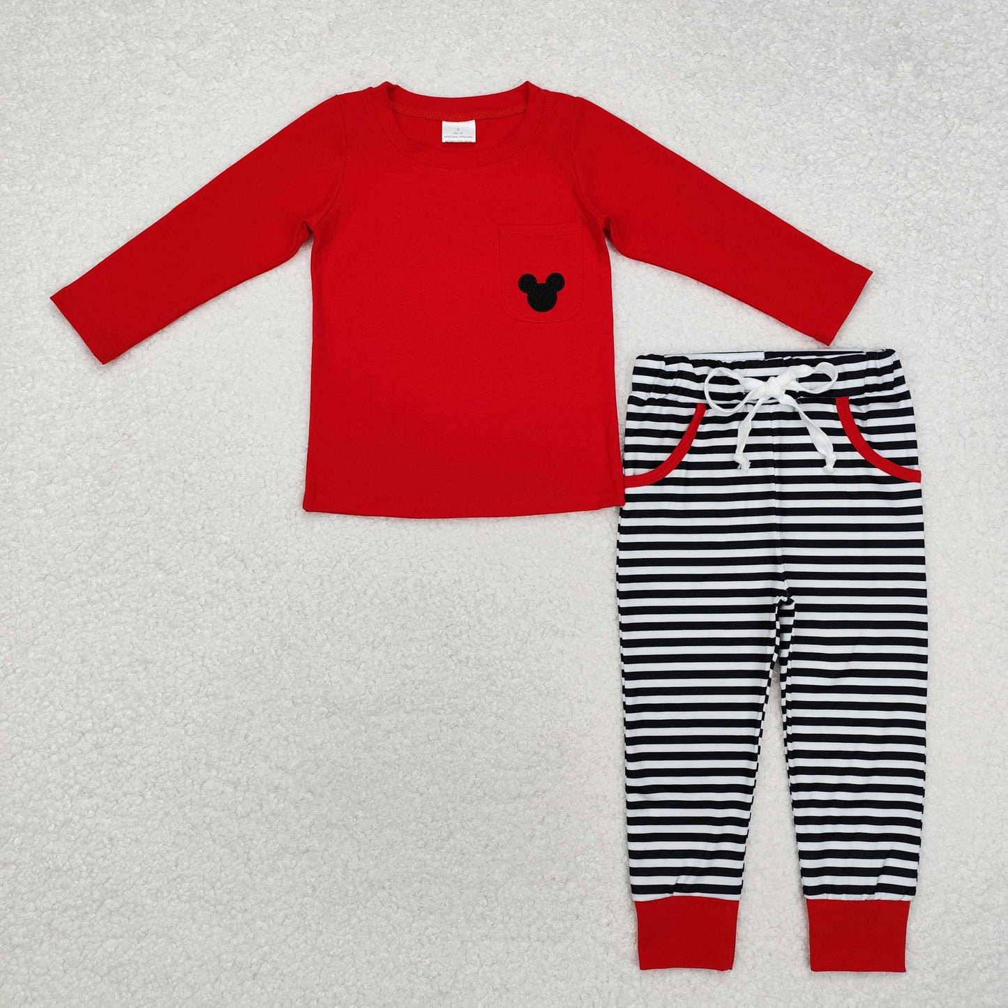 BLP0796 Embroidered Mickey pocket red long sleeve striped trousers set