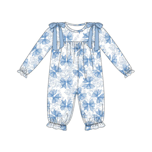 7.12Preorder (moq 5)Baby Girls Long Ruffle Sleeves Blue Flowers Bows Plaid Pant Romper