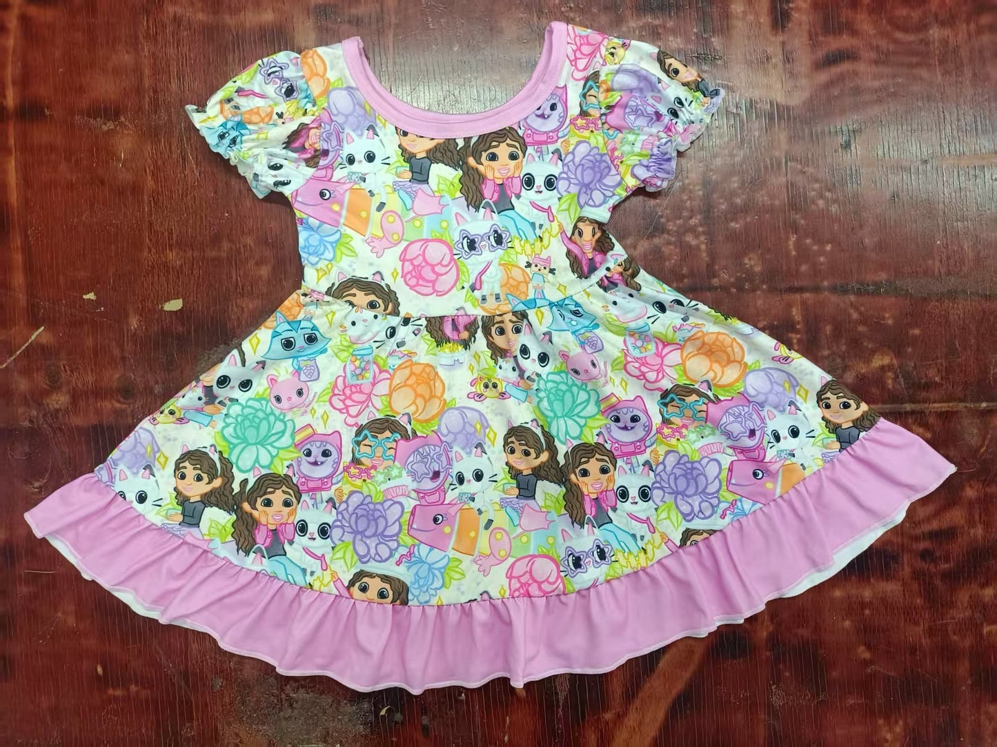 4.28 Cartoon pink girl short-sleeved dress