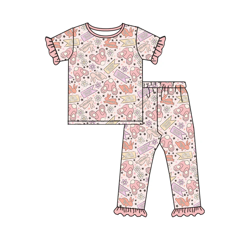 X1.13 Preorder (moq 5)Baby Girls Rabbits Flowers Top Ruffle Pants on the Hunting Pajamas Sets