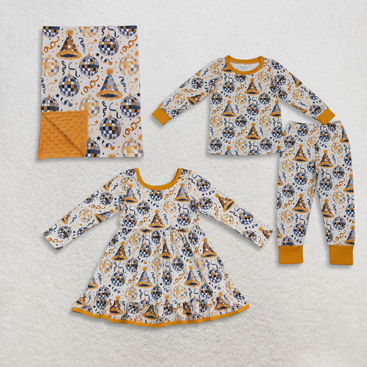 RTS NO MOQ Sibling milk silk Baby Kids New Year Pajamas Girls Twirl Dress And Minky Blanket