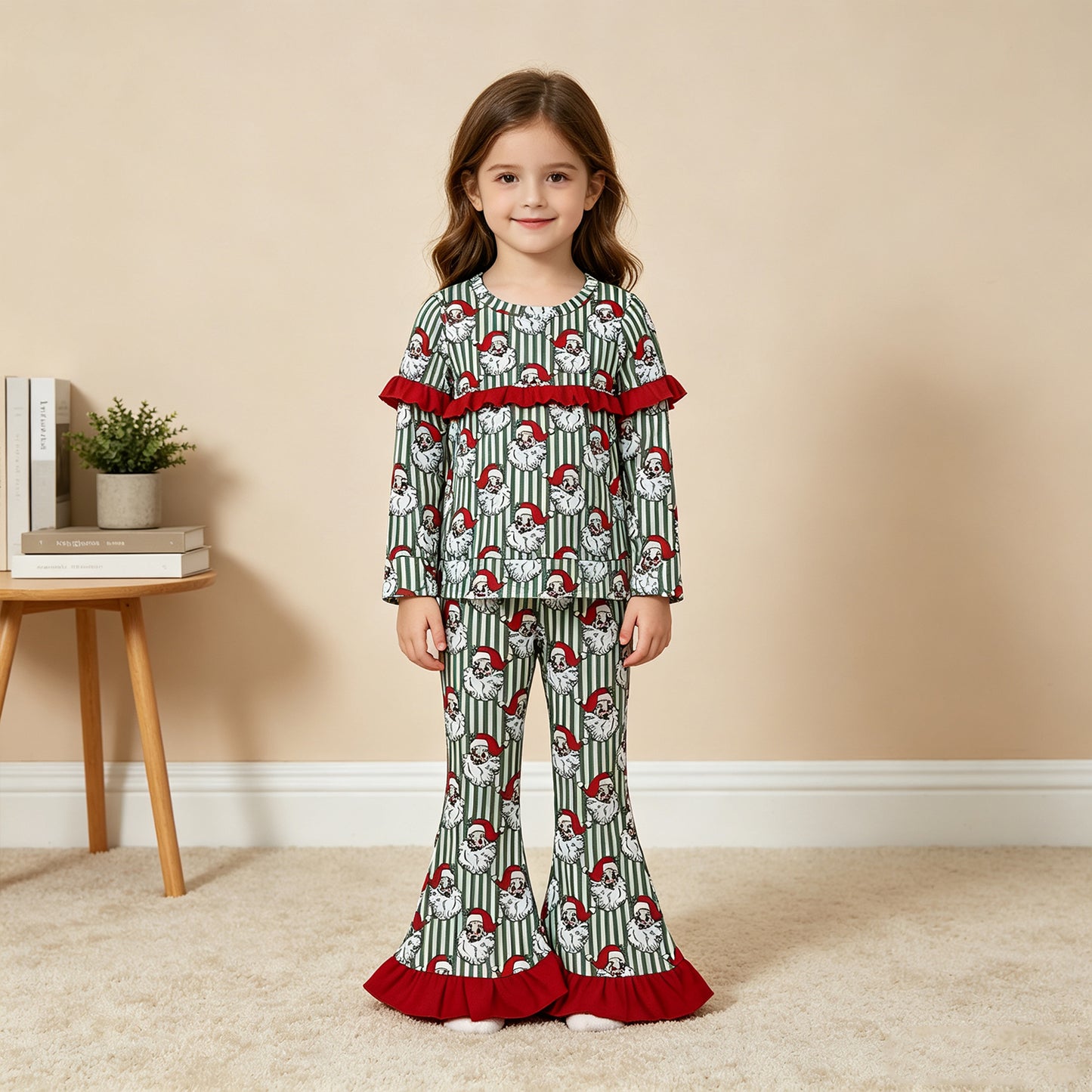 NEW RTS NO MOQ milk silk GLP3452 Baby Girls Santa Green Stripe Print Long Sleeve Top Bell Bottom Flare Pants Christmas Set
