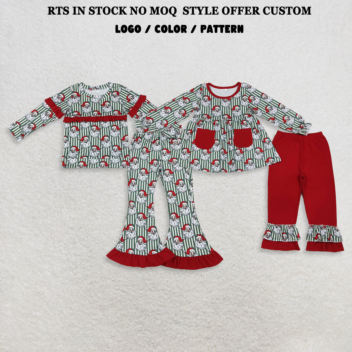 RTS NO MOQ Sibling milk silk Baby Girls Santa Green Stripe Pockets Top Bell Bottom Pant Christmas Clothes Sets