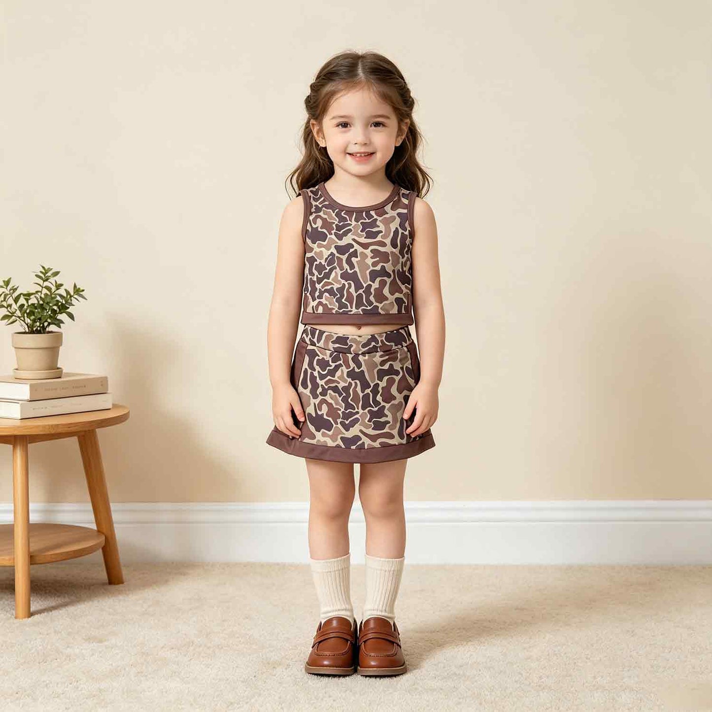 RTS No moq yoga fabric GSD4231 Baby Girls Southern Brown Camo Vest Skirt Short Yoga Active Clothes Set