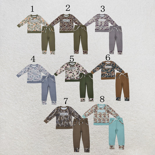 RTS NO MOQ Sibling Baby Boys Embroidery Mama's Boy Camo Top Pockets Pants Clothes Sets