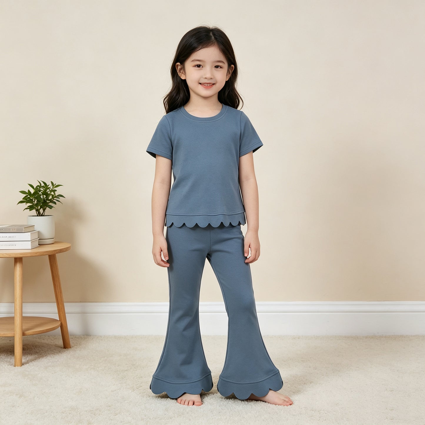 NEW RTS NO MOQ cotton GSPO2339（GT1769+P1077）Baby Girls Blue Short Sleeve Shirts Top Flare Pant Scallop Sets