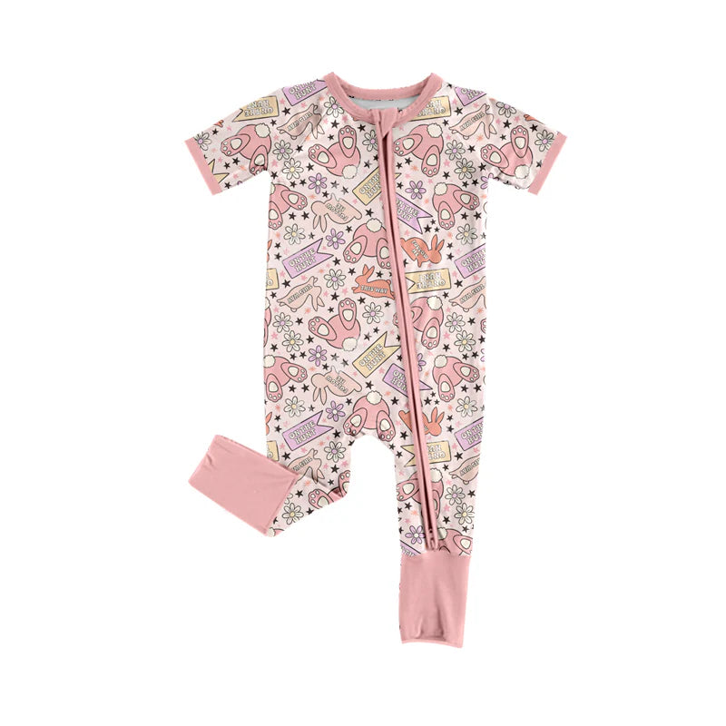 X1.13 Preorder (moq 5)Baby Girls Rabbits Flowers on the Hunting Two Way Zip Convertible Rompers