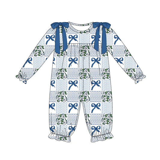 7.12Preorder (moq 5)Baby Girls Long Ruffle Sleeves Blue Bows Flowers Plaid Pant Romper
