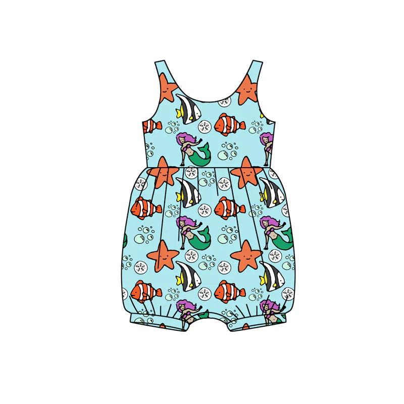 X12.15 Preorder (moq 5)Baby Girls Sleeveless Cartoon Mermaid Fishes Ruffle Rompers