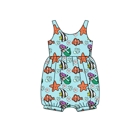 X12.15 Preorder (moq 5)Baby Girls Sleeveless Cartoon Mermaid Fishes Ruffle Rompers