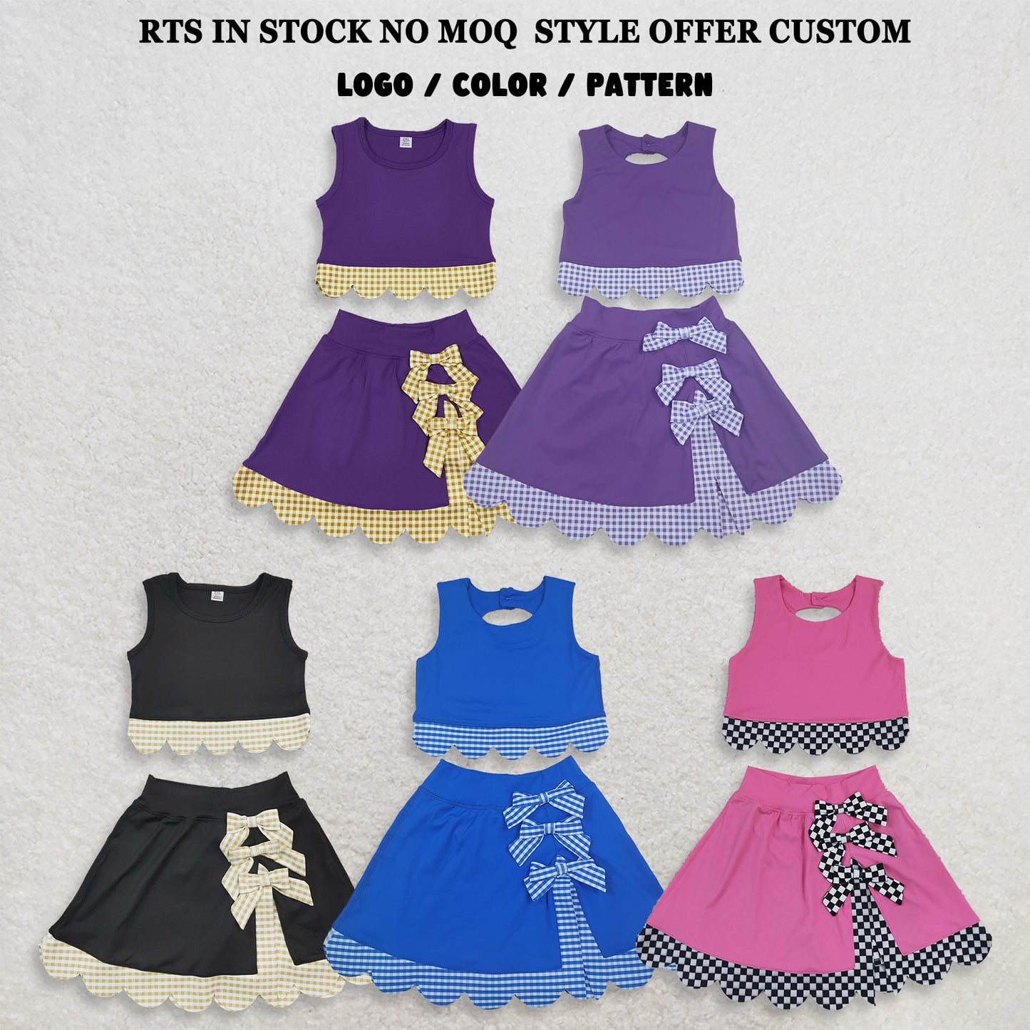 RTS NO MOQ Sibling yoga Baby Girls Solid Vest Bows Skirt Short Yoga Active Scallop Clothes Set