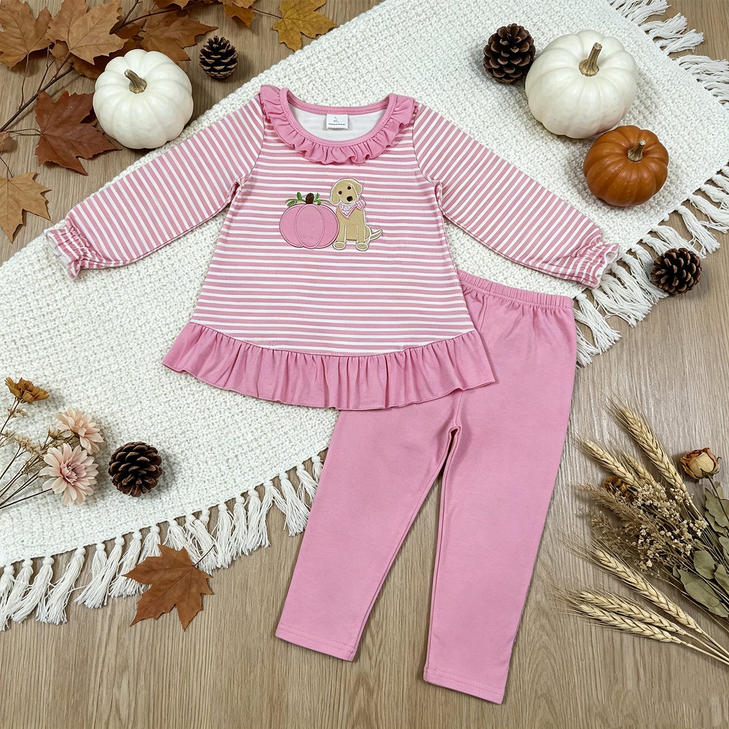 NEW RTS NO MOQ milk silk GLP3480 Embroidery Baby Girls Pink Stripe Pumpkin Dog Print Long Sleeve Tunic Legging Fall Outfit Set