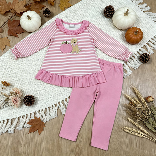 NEW RTS NO MOQ milk silk GLP3480 Embroidery Baby Girls Pink Stripe Pumpkin Dog Print Long Sleeve Tunic Legging Fall Outfit Set