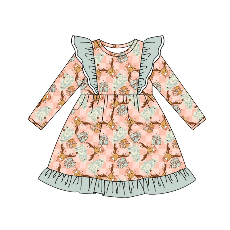 7.10Preorder (moq 5)Baby Girls Long Sleeves Trees Deer Plaid Ruffle Knee Length Dresses