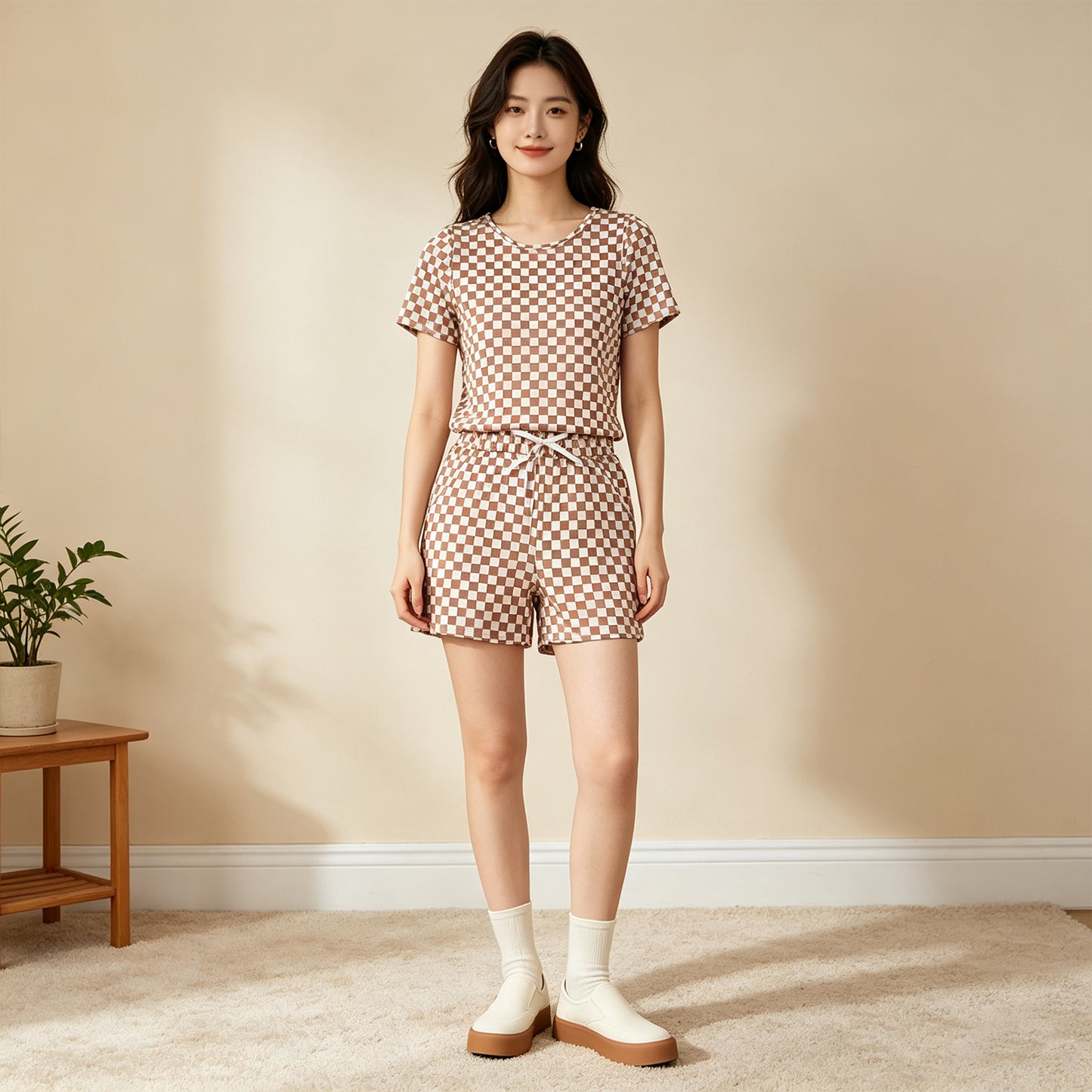 NEW RTS NO MOQ milk silk GSSO2680 Adult Women Khaki Plaid Print Short Sleeve Top Shorts Pajama Outfit