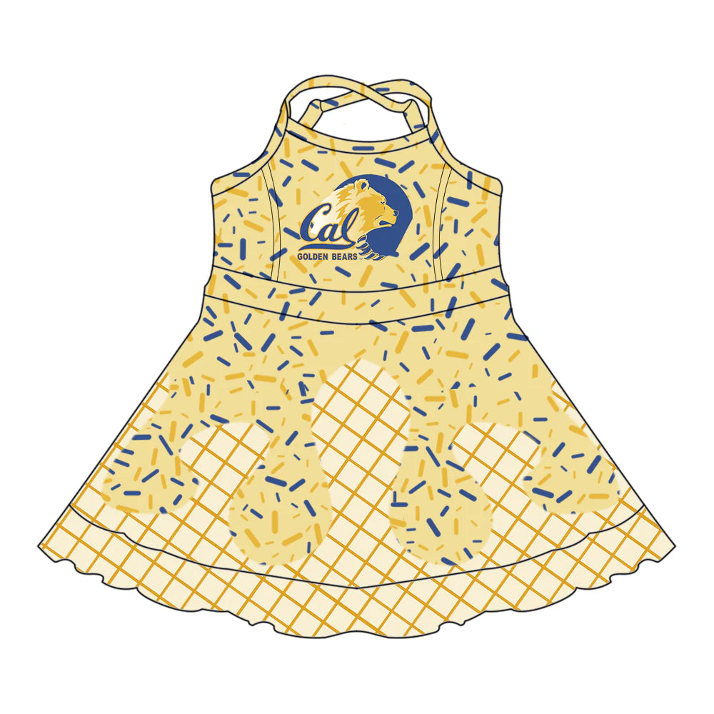 7.2Preorder (moq 5)Baby Girls Yellow Strap Golden Bears Drip Shorts Ruffle Team Knee Length Dresses