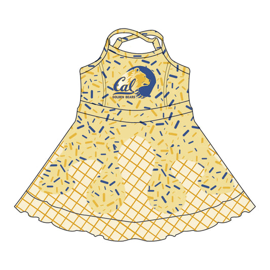 7.2Preorder (moq 5)Baby Girls Yellow Strap Golden Bears Drip Shorts Ruffle Team Knee Length Dresses