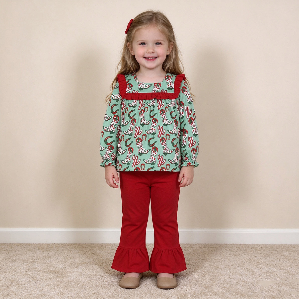 NEW RTS NO MOQ milk silk GLP2355 Baby Girls Trees Holly Boots Cactus Tunic Ruffle Pant Christmas Clothes Set