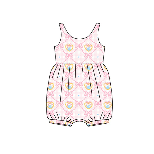 X12.15 Preorder (moq 5)Baby Girls Sleeveless Pink Checked Bows Hearts Valentines Ruffle Rompers