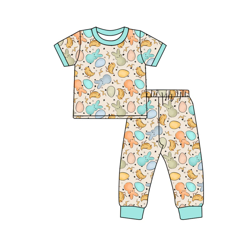X1.13 Preorder (moq 5)Baby Boys Colorful Rabbits Eggs Top Pants Easter Pajamas Sets